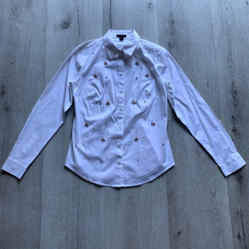 Ann Taylor Petite White Embroidered Perfect‎ Shirt Button-Down Blouse Sz 00P